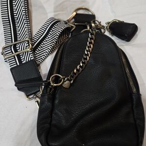 Anthropologie Black Leather Backpack with Chain Accent